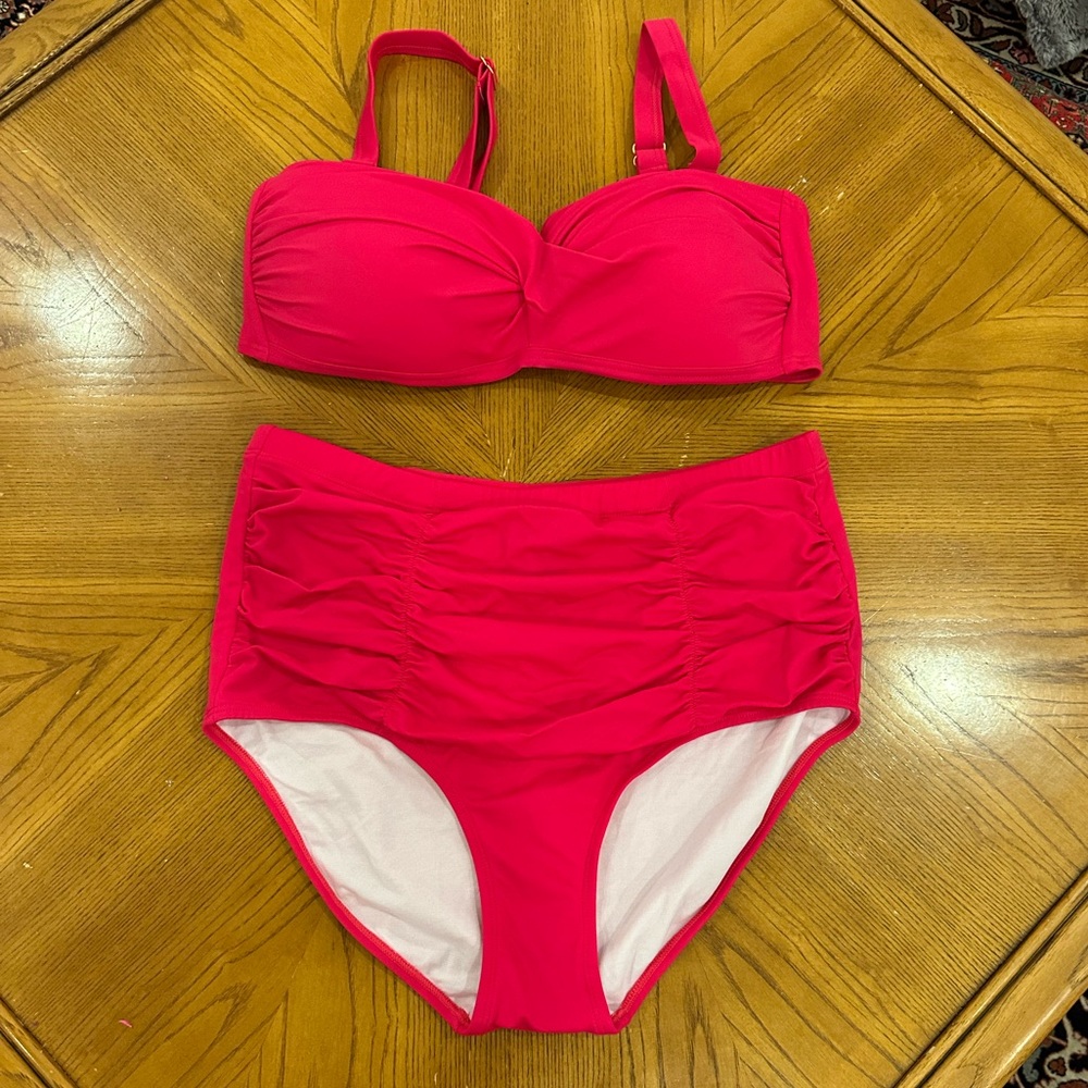 Flattering Shirred High Waist Red Bikini - swimsuits for all